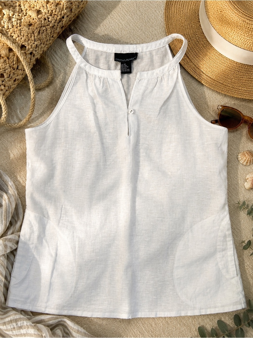 Cynthia Rowley Linen Cotton Sleeveless Blouse White Tank Top Medium
